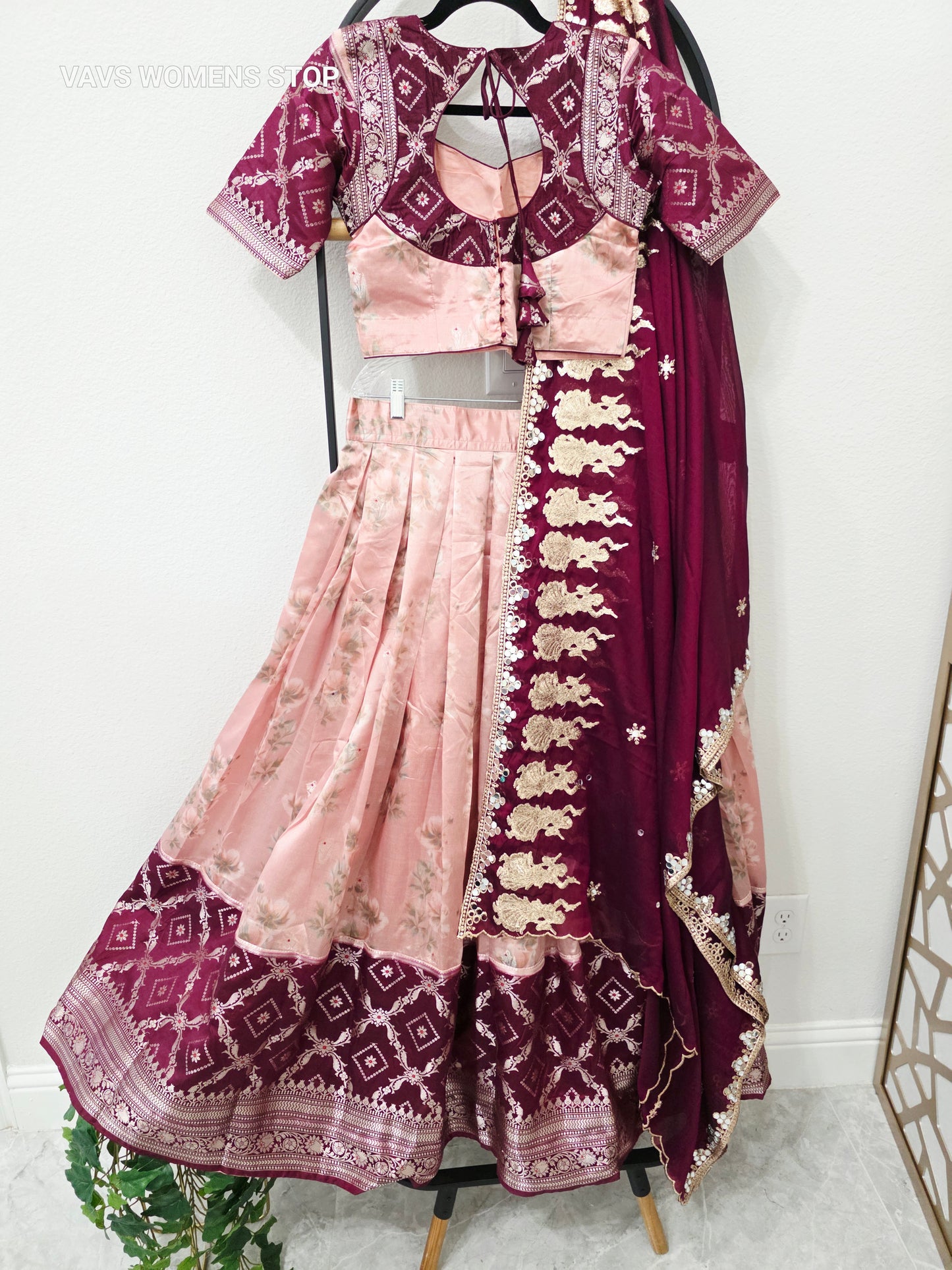 Luxury Blush Peach Pink & Royal Wine Burgundy Floral Print Blended Benarasi Silk Lehenga Set with Silver Zari Brocade Border, Dancing Girls Embroidered Chiffon Dupatta & Stitched Blouse | Size 36–42