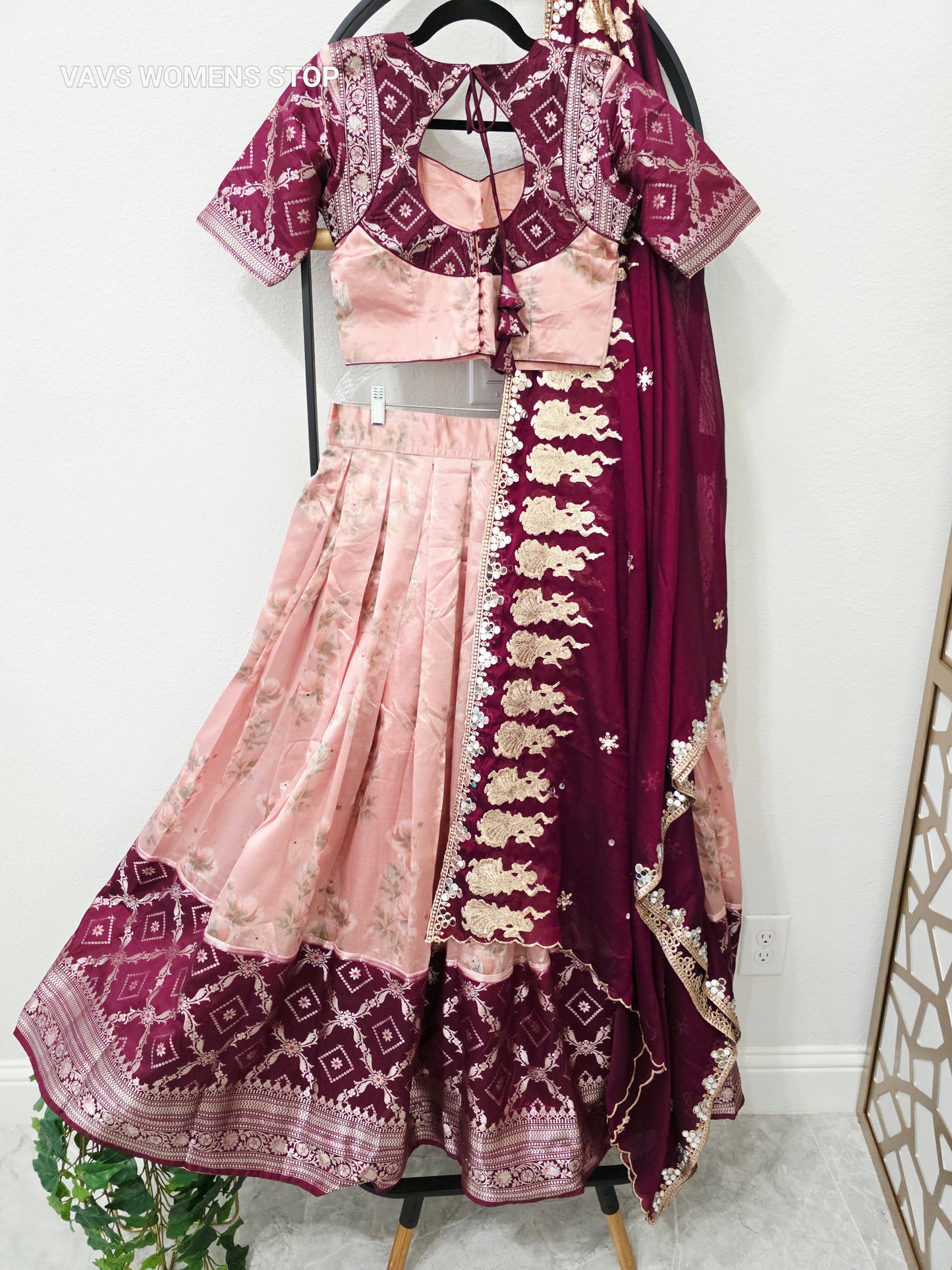 Luxury Blush Peach Pink & Royal Wine Burgundy Floral Print Blended Benarasi Silk Lehenga Set with Silver Zari Brocade Border, Dancing Girls Embroidered Chiffon Dupatta & Stitched Blouse | Size 36–42