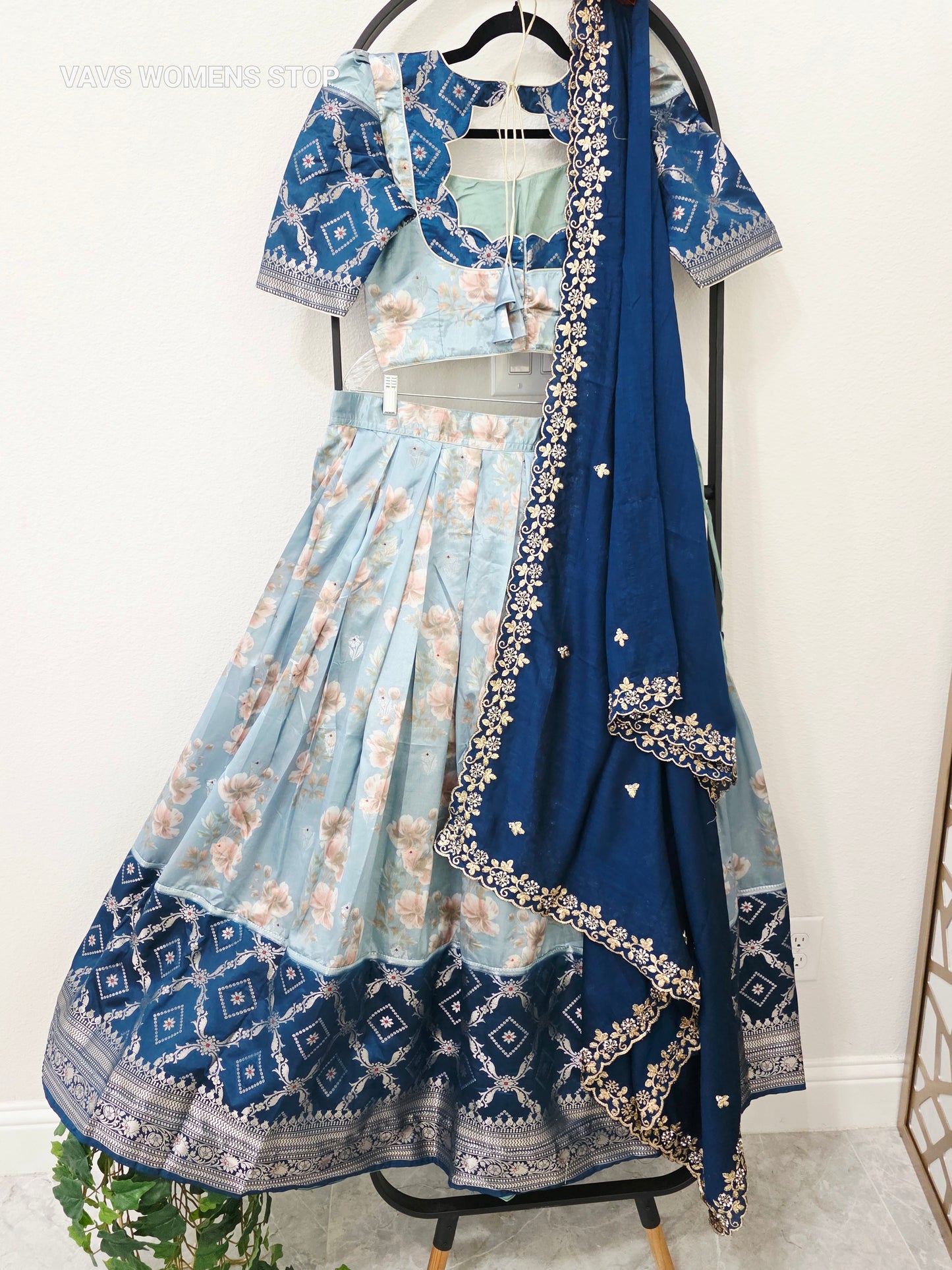Luxury Powder Blue & Royal Sapphire Blue Floral Print Blended Benarasi Silk Lehenga Set with Silver Zari Brocade Border, Navy Blue Gold Embroidered Chinon Chiffon Silk Dupatta & Stitched Blouse | Size 36–42