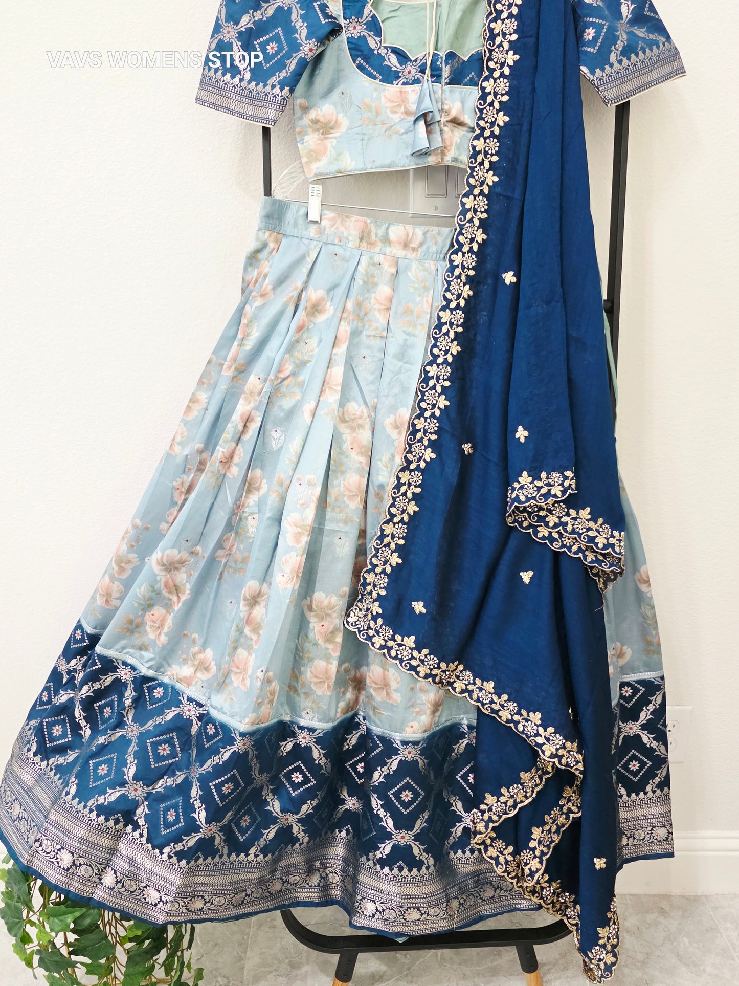 Luxury Powder Blue & Royal Sapphire Blue Floral Print Blended Benarasi Silk Lehenga Set with Silver Zari Brocade Border, Navy Blue Gold Embroidered Chinon Chiffon Silk Dupatta & Stitched Blouse | Size 36–42