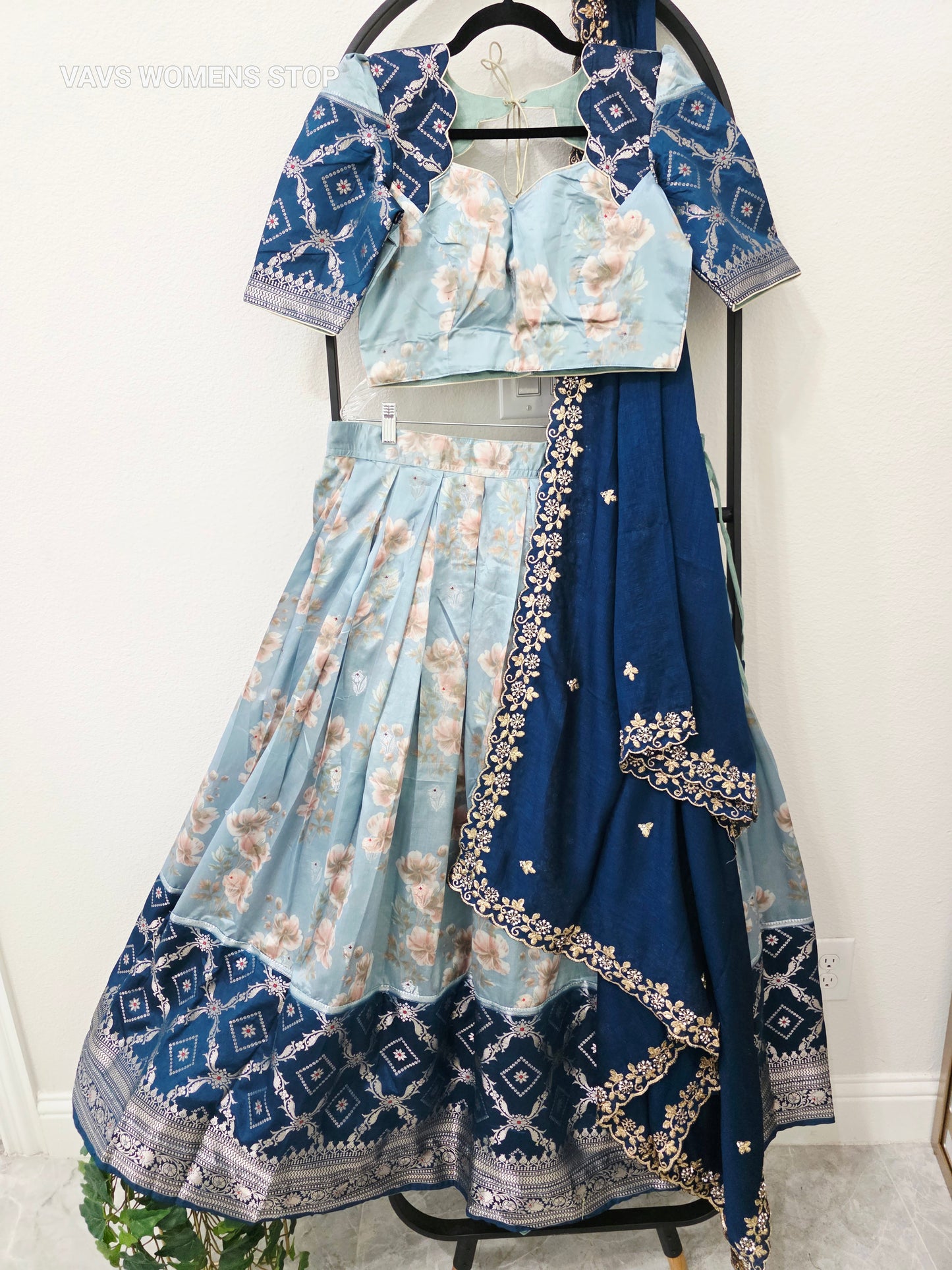 Luxury Powder Blue & Royal Sapphire Blue Floral Print Blended Benarasi Silk Lehenga Set with Silver Zari Brocade Border, Navy Blue Gold Embroidered Chinon Chiffon Silk Dupatta & Stitched Blouse | Size 36–42