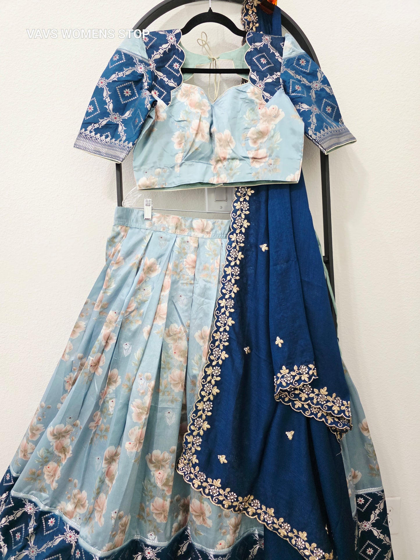 Luxury Powder Blue & Royal Sapphire Blue Floral Print Blended Benarasi Silk Lehenga Set with Silver Zari Brocade Border, Navy Blue Gold Embroidered Chinon Chiffon Silk Dupatta & Stitched Blouse | Size 36–42