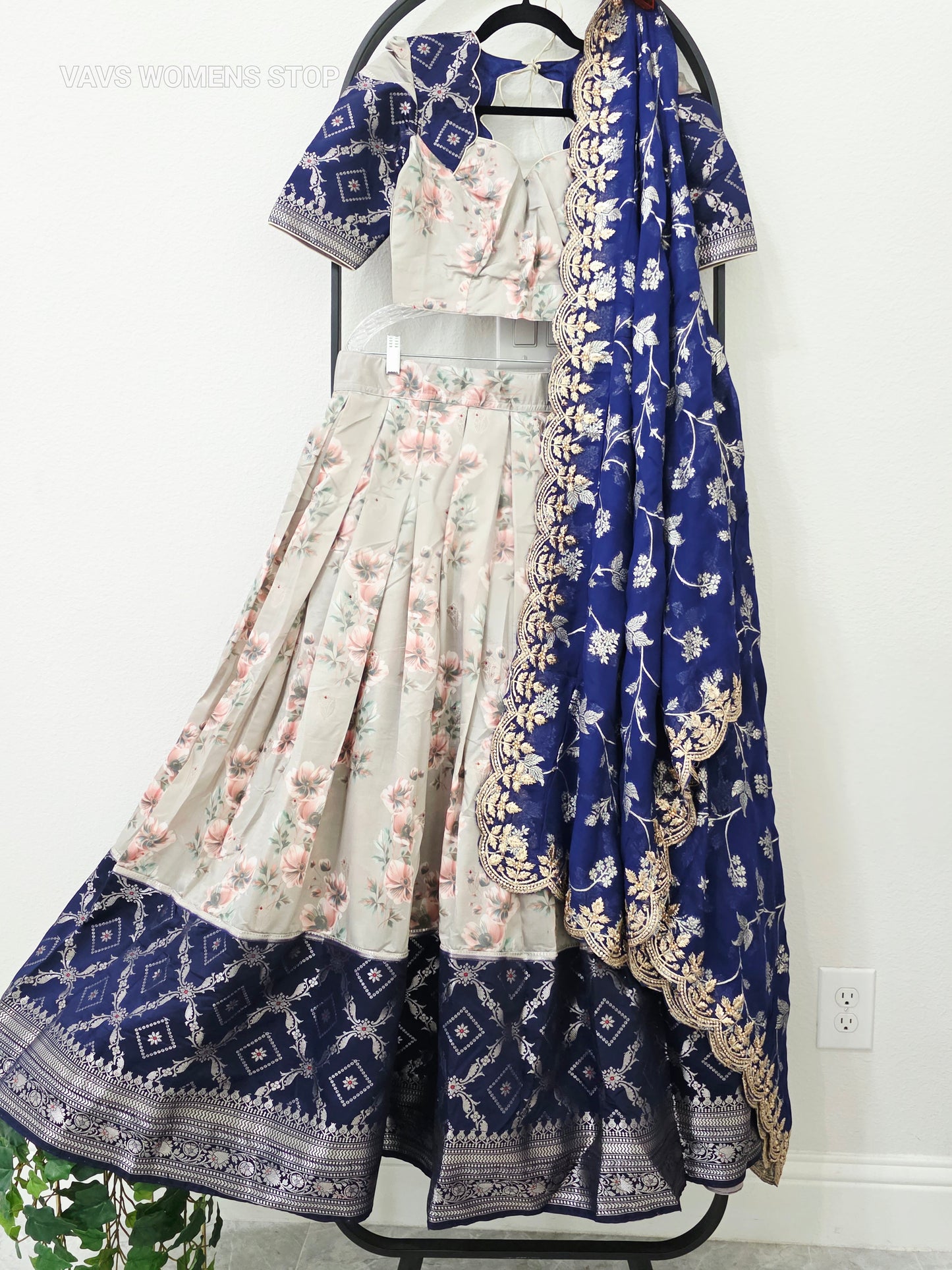 Luxury Pearl Ivory & Royal Midnight Blue Floral Print Blended Benarasi Silk Lehenga Set with Silver Zari Brocade Border, Royal Blue Floral Creeper Embroidered Scalloped Chiffon Georgette Dupatta & Stitched Blouse | Size 34–40