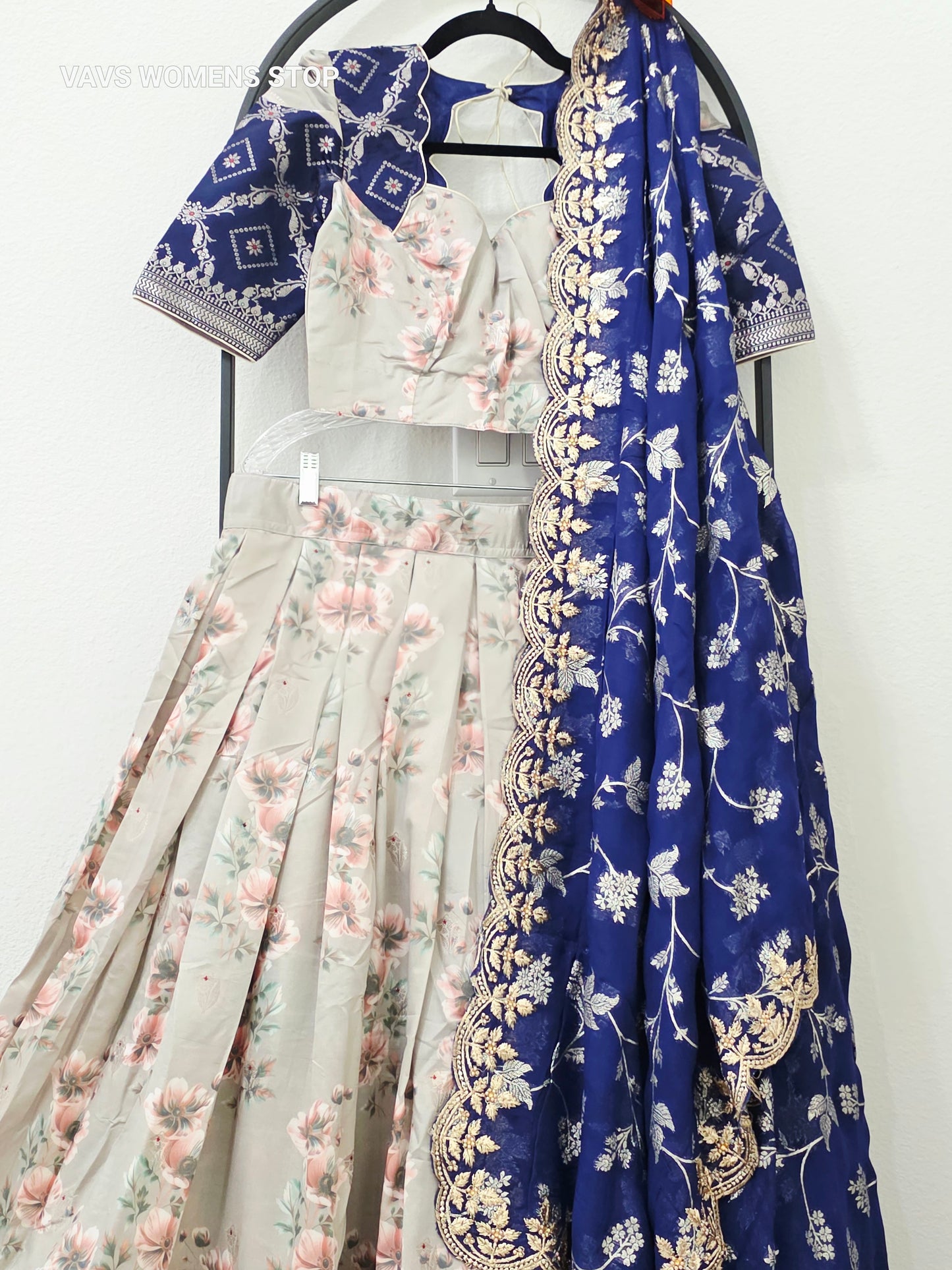 Luxury Pearl Ivory & Royal Midnight Blue Floral Print Blended Benarasi Silk Lehenga Set with Silver Zari Brocade Border, Royal Blue Floral Creeper Embroidered Scalloped Chiffon Georgette Dupatta & Stitched Blouse | Size 34–40