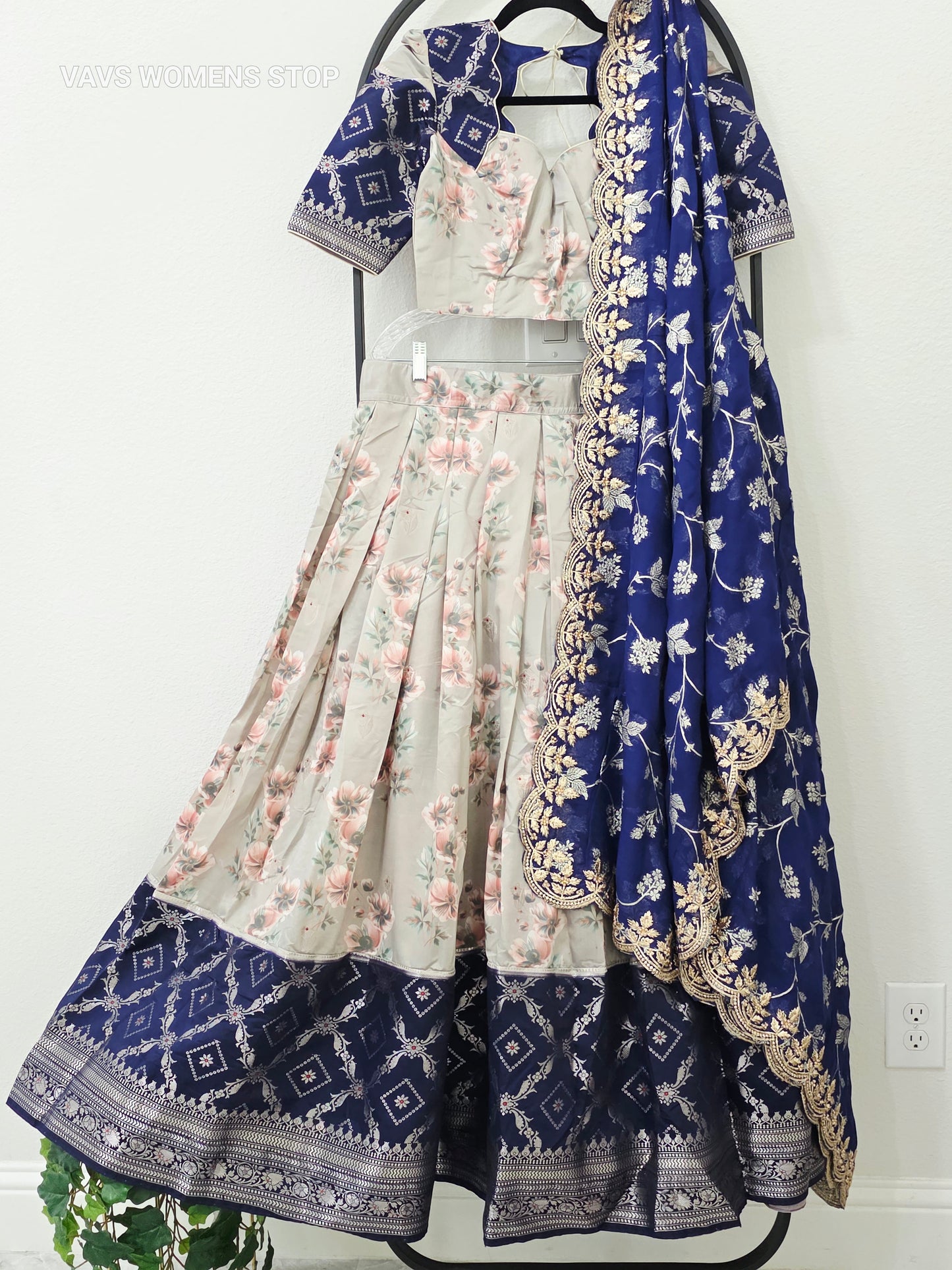 Luxury Pearl Ivory & Royal Midnight Blue Floral Print Blended Benarasi Silk Lehenga Set with Silver Zari Brocade Border, Royal Blue Floral Creeper Embroidered Scalloped Chiffon Georgette Dupatta & Stitched Blouse | Size 34–40
