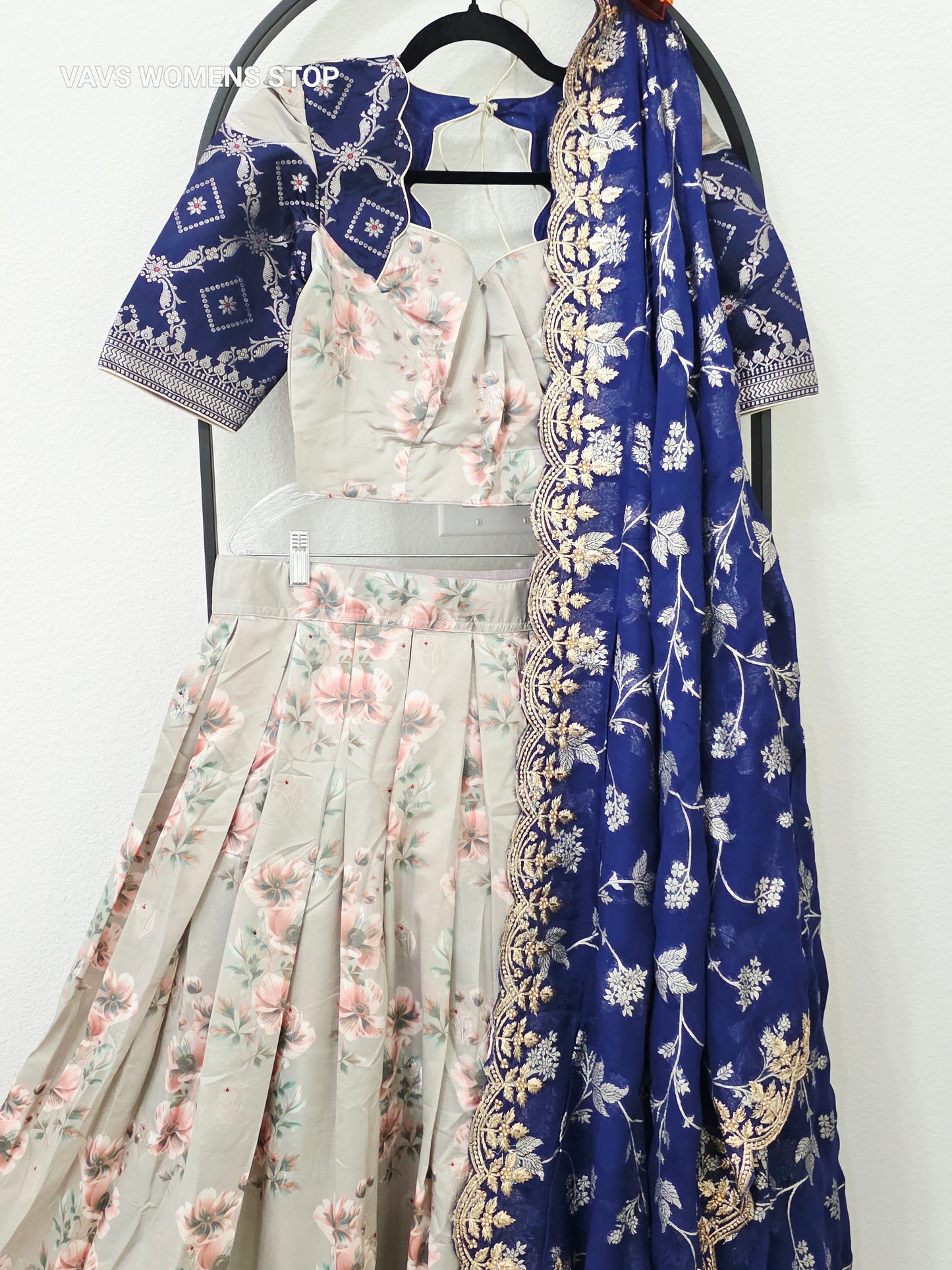 Luxury Pearl Ivory & Royal Midnight Blue Floral Print Blended Benarasi Silk Lehenga Set with Silver Zari Brocade Border, Royal Blue Floral Creeper Embroidered Scalloped Chiffon Georgette Dupatta & Stitched Blouse | Size 34–40