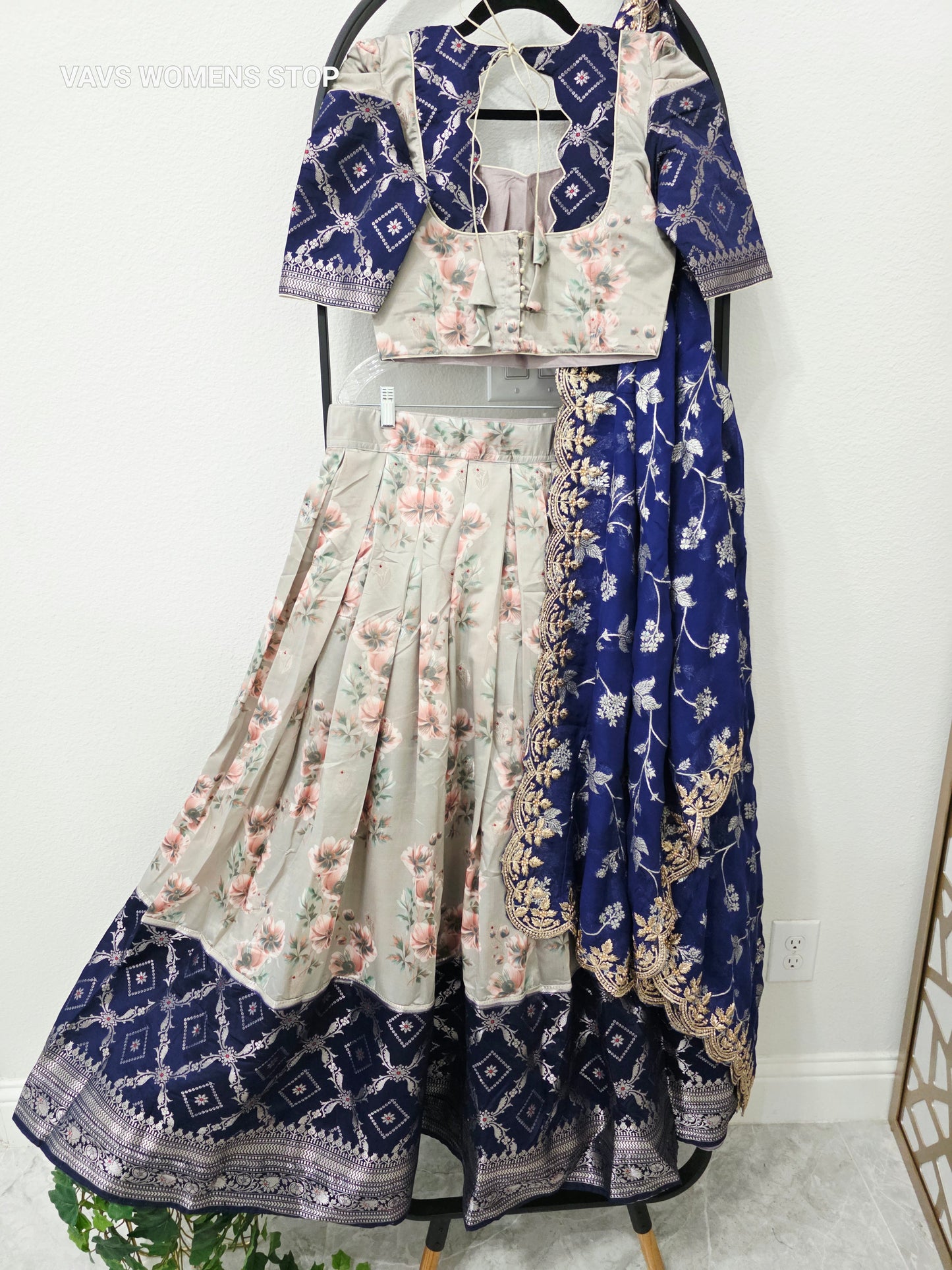 Luxury Pearl Ivory & Royal Midnight Blue Floral Print Blended Benarasi Silk Lehenga Set with Silver Zari Brocade Border, Royal Blue Floral Creeper Embroidered Scalloped Chiffon Georgette Dupatta & Stitched Blouse | Size 34–40