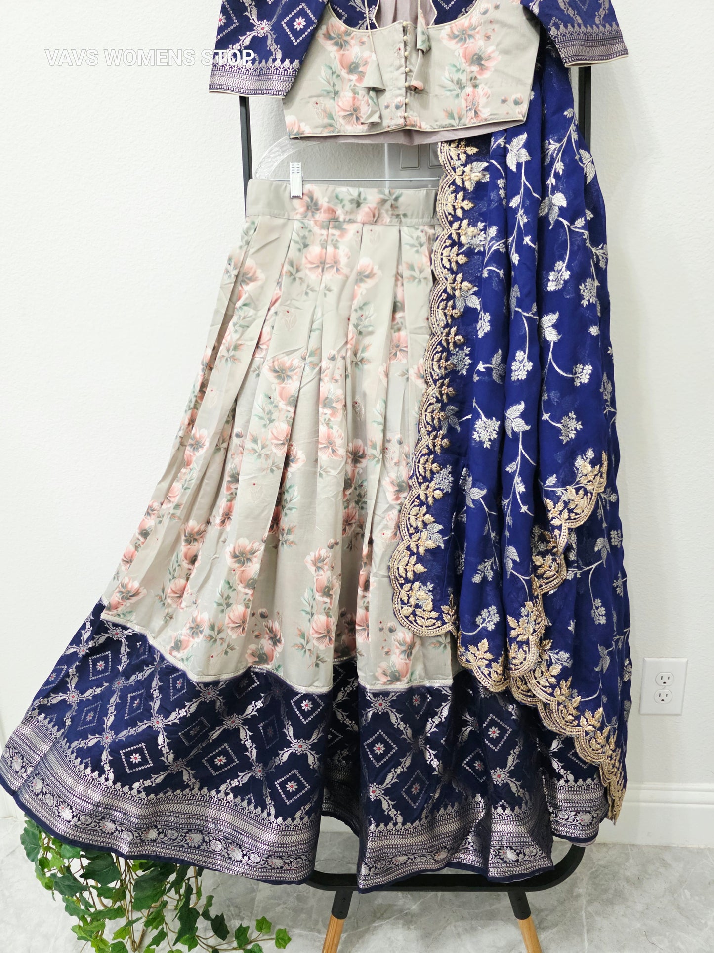 Luxury Pearl Ivory & Royal Midnight Blue Floral Print Blended Benarasi Silk Lehenga Set with Silver Zari Brocade Border, Royal Blue Floral Creeper Embroidered Scalloped Chiffon Georgette Dupatta & Stitched Blouse | Size 34–40