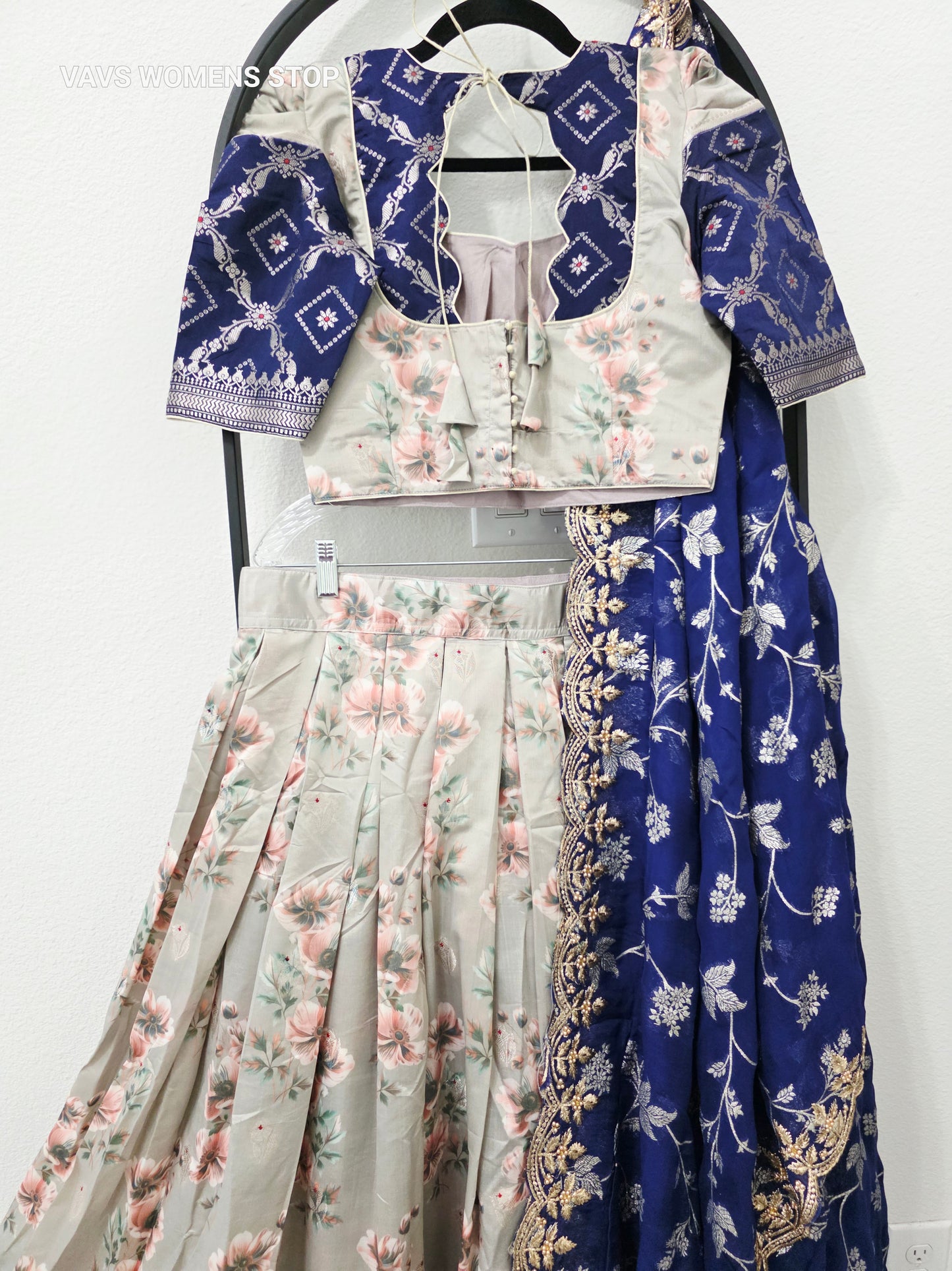 Luxury Pearl Ivory & Royal Midnight Blue Floral Print Blended Benarasi Silk Lehenga Set with Silver Zari Brocade Border, Royal Blue Floral Creeper Embroidered Scalloped Chiffon Georgette Dupatta & Stitched Blouse | Size 34–40