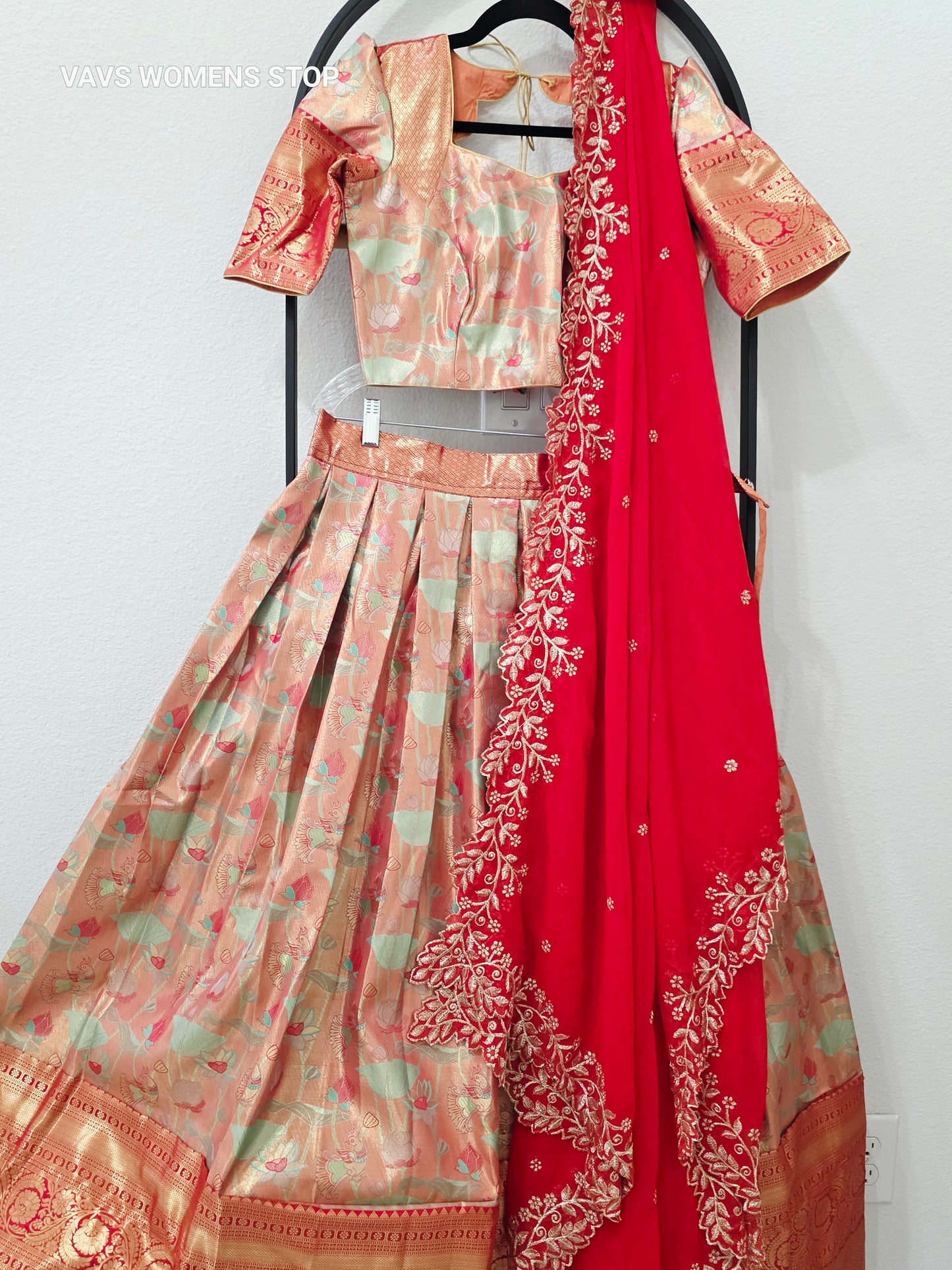 Luxury Peach Coral & Mint Green Floral Semi Kanchi Silk Half Saree Lehenga Set with Rich Antique Gold Zari Brocade Border, Ruby Red Embroidered Georgette Dupatta & Stitched Blouse | Size 34–40