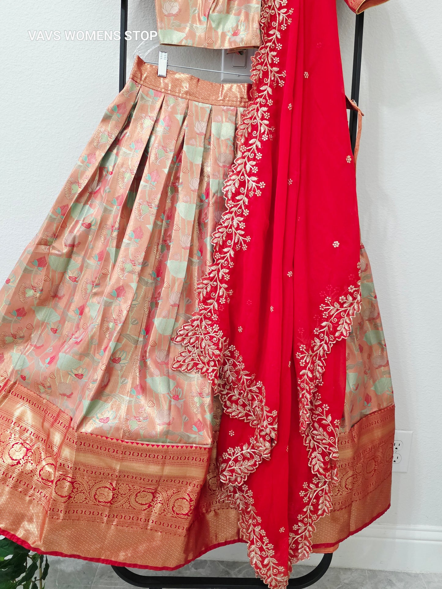 Luxury Peach Coral & Mint Green Floral Semi Kanchi Silk Half Saree Lehenga Set with Rich Antique Gold Zari Brocade Border, Ruby Red Embroidered Georgette Dupatta & Stitched Blouse | Size 34–40