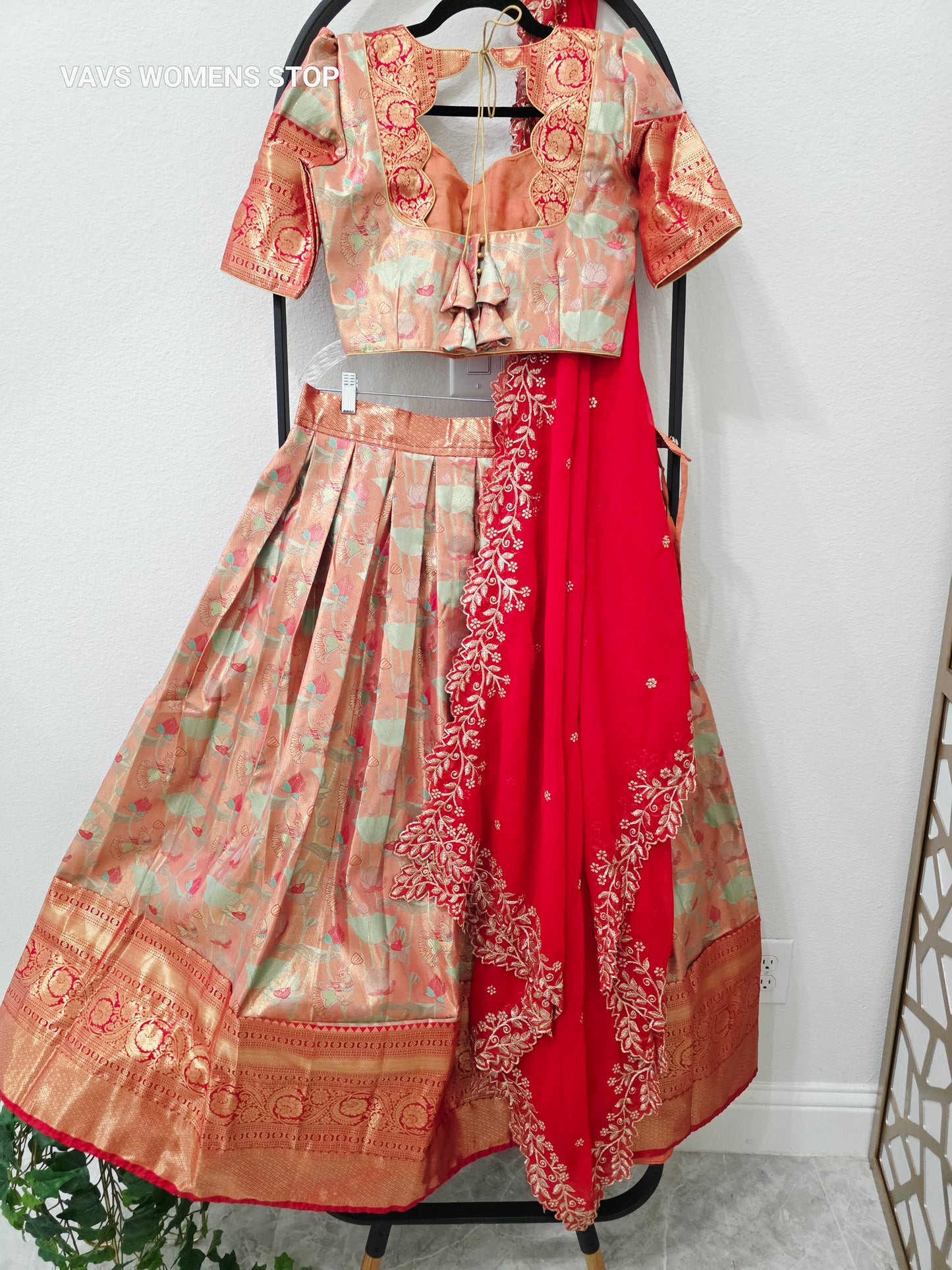 Luxury Peach Coral & Mint Green Floral Semi Kanchi Silk Half Saree Lehenga Set with Rich Antique Gold Zari Brocade Border, Ruby Red Embroidered Georgette Dupatta & Stitched Blouse | Size 34–40