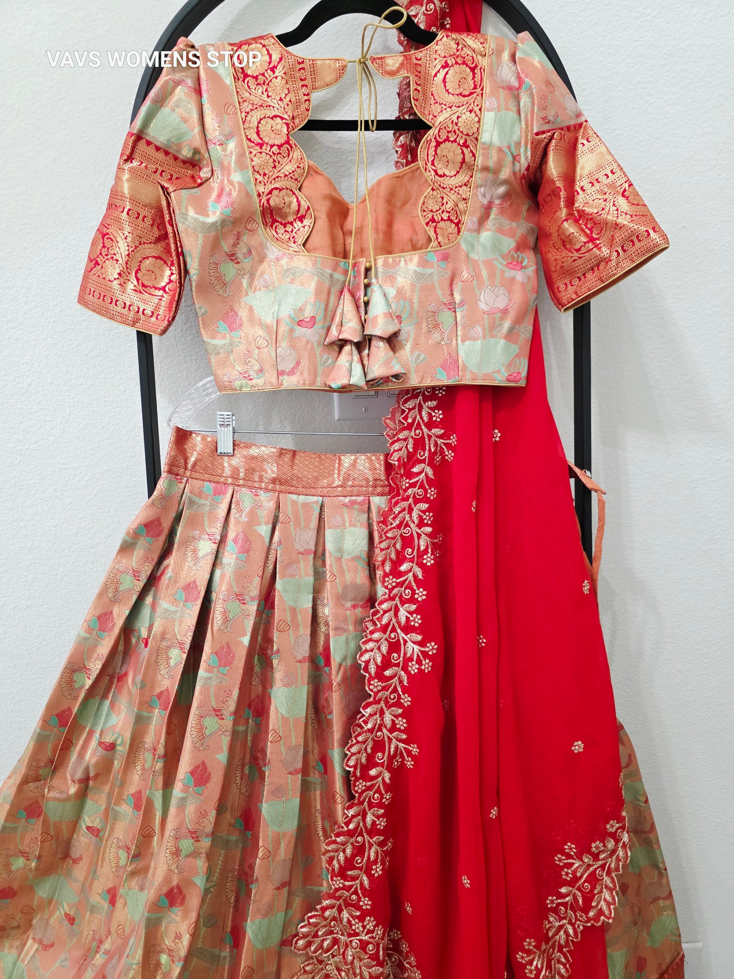 Luxury Peach Coral & Mint Green Floral Semi Kanchi Silk Half Saree Lehenga Set with Rich Antique Gold Zari Brocade Border, Ruby Red Embroidered Georgette Dupatta & Stitched Blouse | Size 34–40