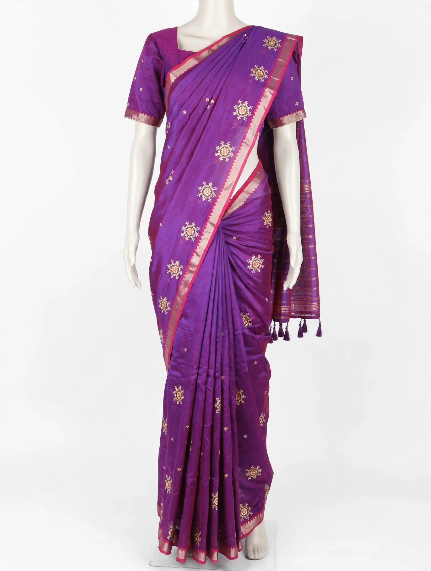 Royal Amethyst Purple Kutch Embroidery Mangalagiri Silk Cotton Handloom Saree with Stitched Blouse Size 40-46
