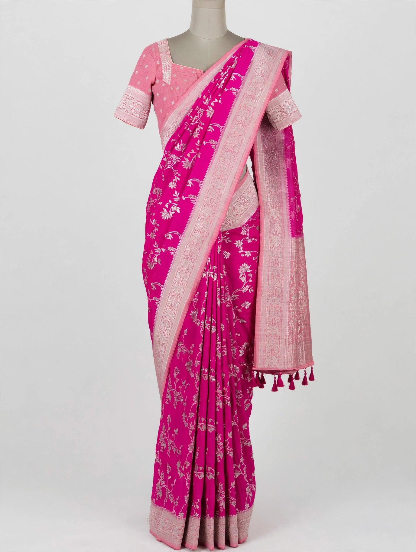 Royal Fuchsia Pink Semi Tussar Georgette Meenakari Designer Saree with Stitched Blouse Size 38-44