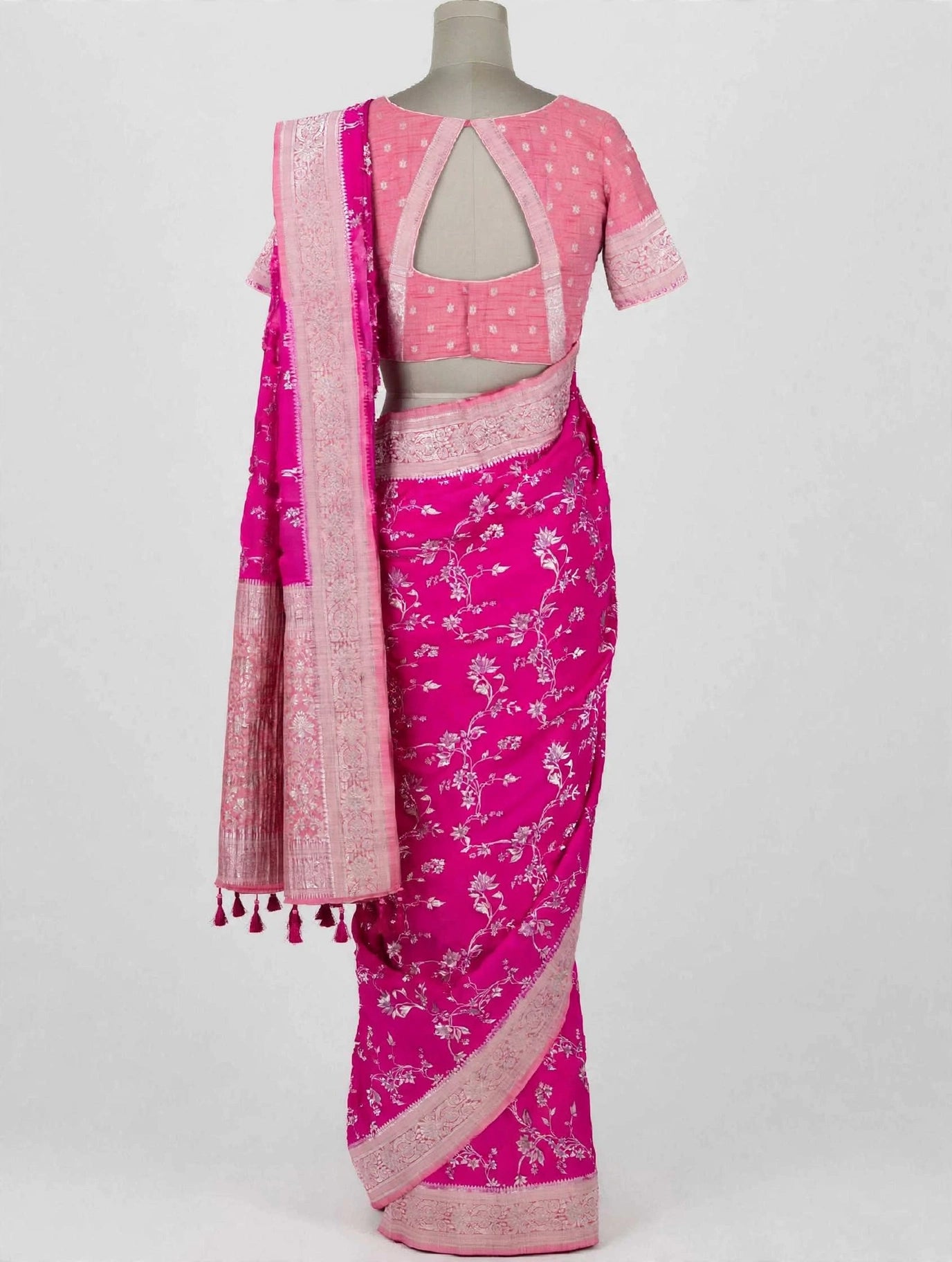 Royal Fuchsia Pink Semi Tussar Georgette Meenakari Designer Saree with Stitched Blouse Size 38-44