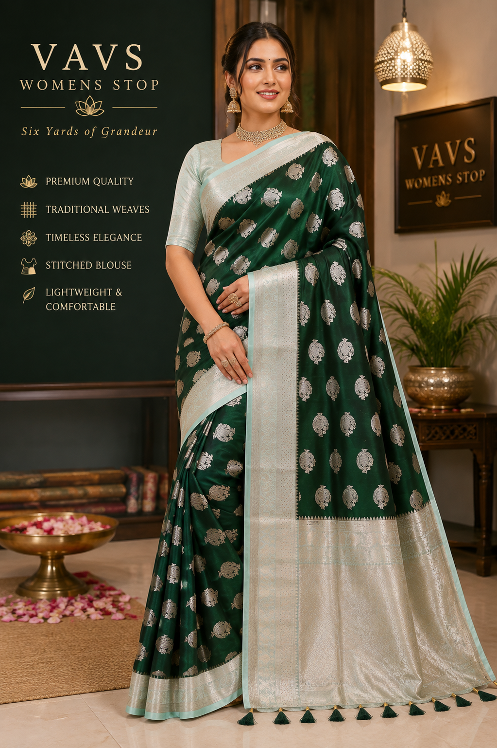 Emerald Pine Semi Mango Banarasi Silk Saree with Light Gold Zari & Stitched Blouse Size 38-44/AI-Generated Model Image | Styling Inspiration Only