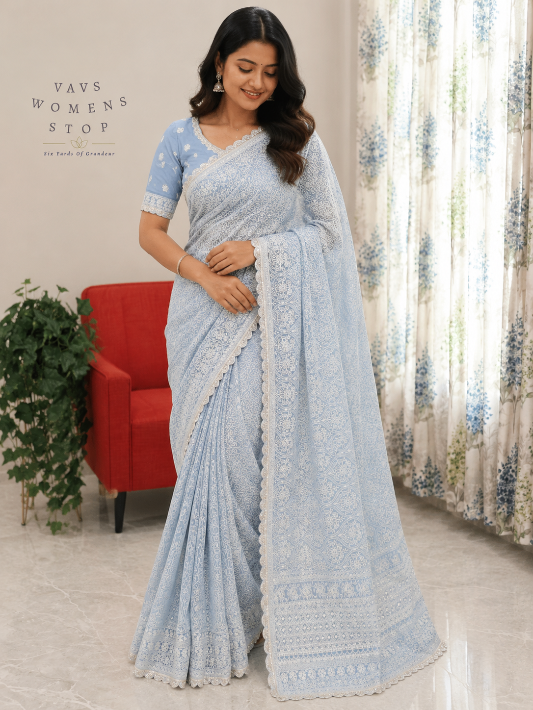 Powder Blue Pure Viscose Georgette Embroidered Saree with Stitched Blouse Size 34-40