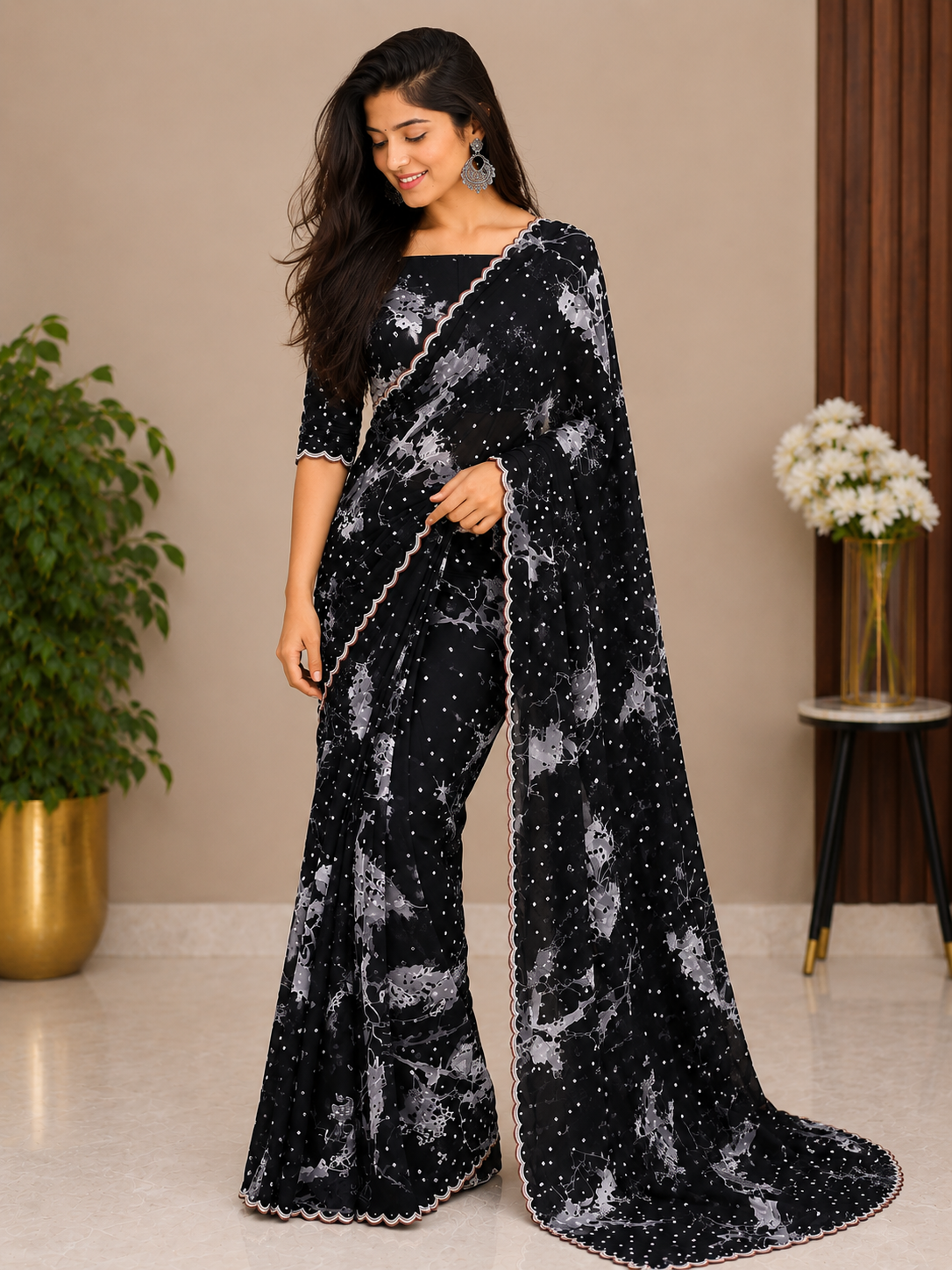 Royal Midnight Black Pure Crepe Silk Floral Sequins Designer Saree with Stitched Blouse Size 38-44