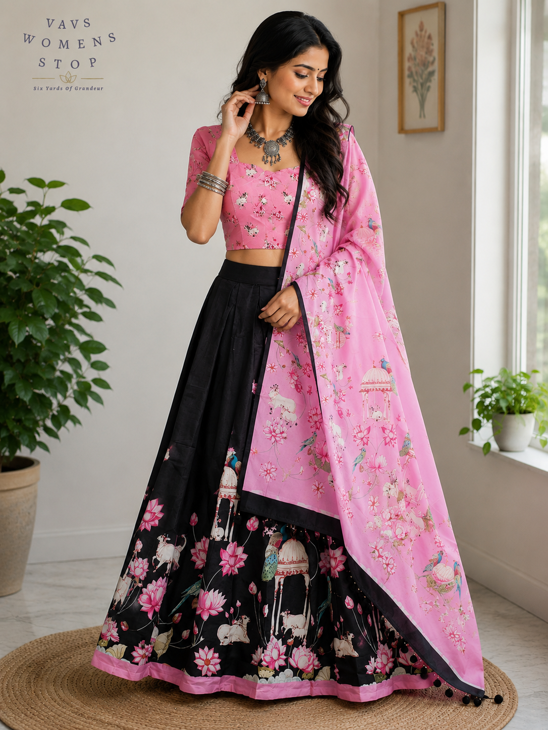 Royal Blush Pink & Midnight Noir Pichwai Mughal Gardens Designer Half Saree Set with Dupatta & Stitched Blouse