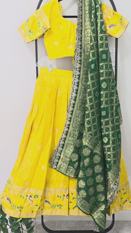 Radiant Marigold Yellow & Emerald Green Munga Tissue Crepe Silk Designer Lehenga Half Saree with Bandhani Silk Dupatta & Blouse 34-40