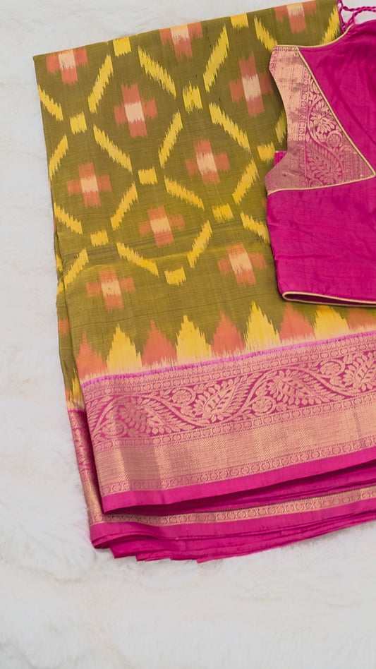 Golden Olive & Rani Pink Pure Kanchi Soft Silk Saree with Woven Pochampally Design & Stitched Blouse Size 38, Extendable to 44