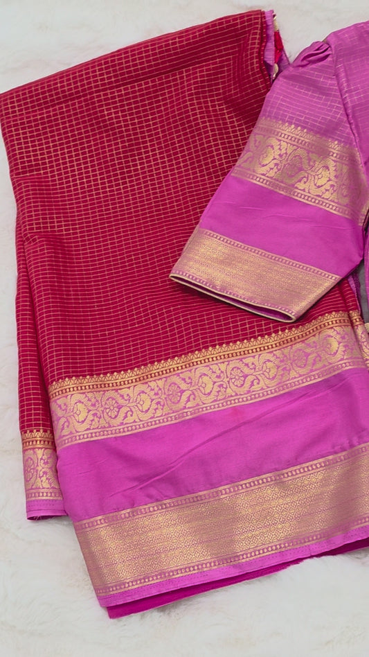 Scarlet Red & Fuchsia Pink Semi Mysore Crepe Silk Saree with Vintage Checks, Gap Border & Stitched Blouse Size 38, Extendable to 44
