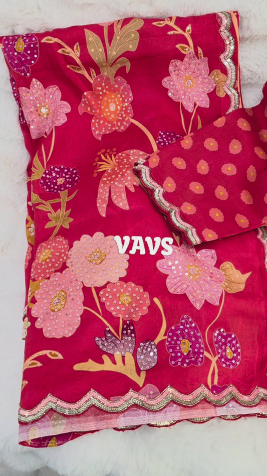 Scarlet Red Floral Russian Crepe Silk Saree with Champagne Sequin Border & Stitched Blouse Size 40, Extendable to 46