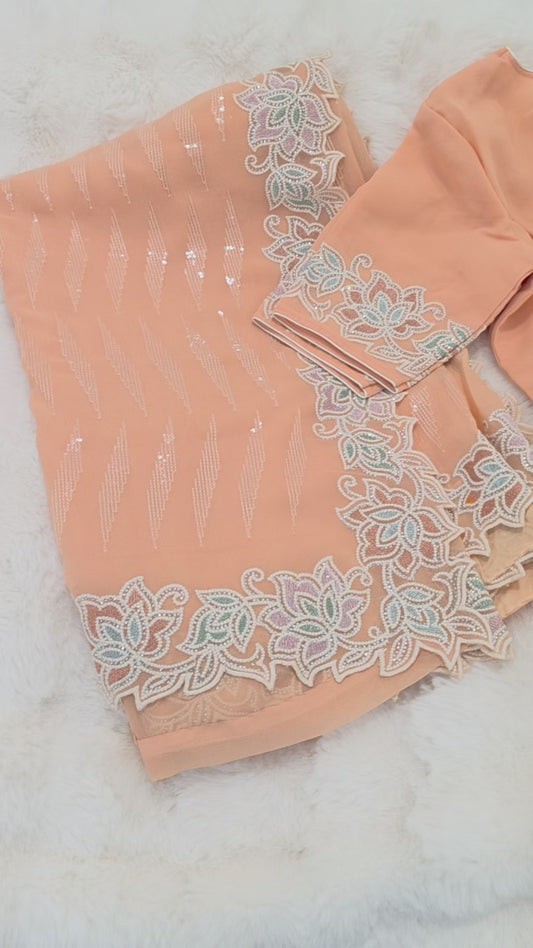 Apricot Peach Viscose Georgette Sequin Saree with Pastel Floral Cutwork Border & Stitched Blouse Size 34β40