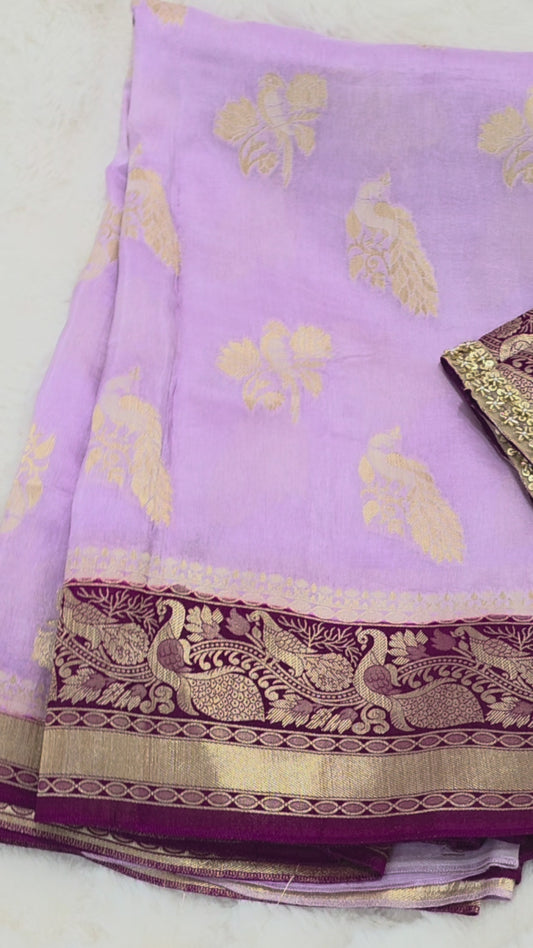 Lilac Munga Crepe Silk Saree with Plum & Antique Gold-Toned Peacock Pallu | Stitched Blouse Size 40, Extendable to 46