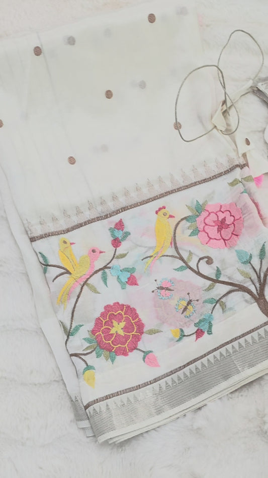 Pearl Ivory Mangalagiri Silk Cotton Handloom Saree with Bird & Floral Embroidery and Stitched Puff Sleeve Blouse Size 38–44