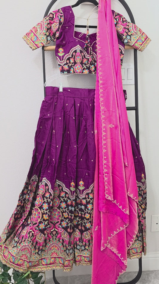 Royal Wine Soft Munga Kalamkari Embroidered Half Saree | Blouse 32-38