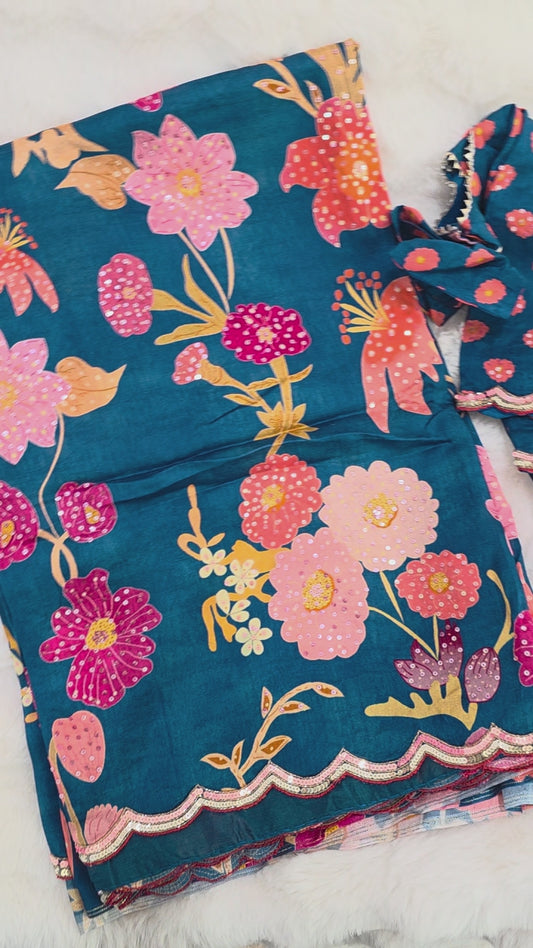Peacock Blue Floral Russian Crepe Silk Saree with Scalloped Sequin Border & Stitched Blouse Size 34, Extendable to 40