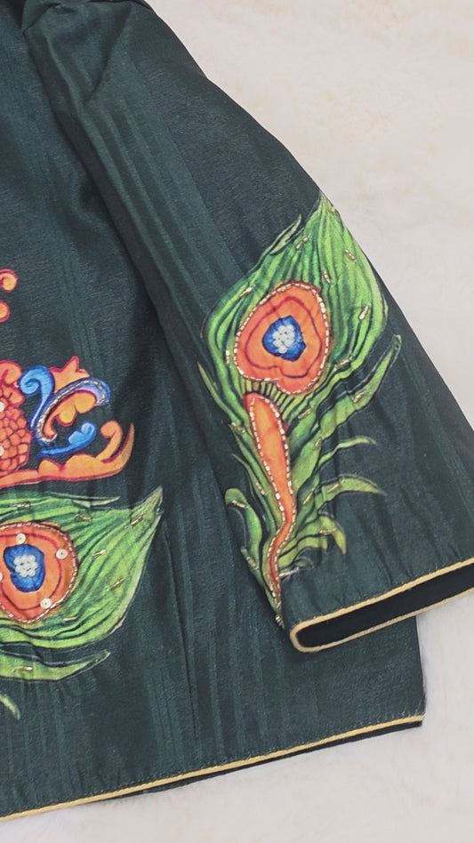 Green Shade Lord Krishna Digital Print Designer Blouse | Sequence Embroidery & Feather Print on Sleeves |