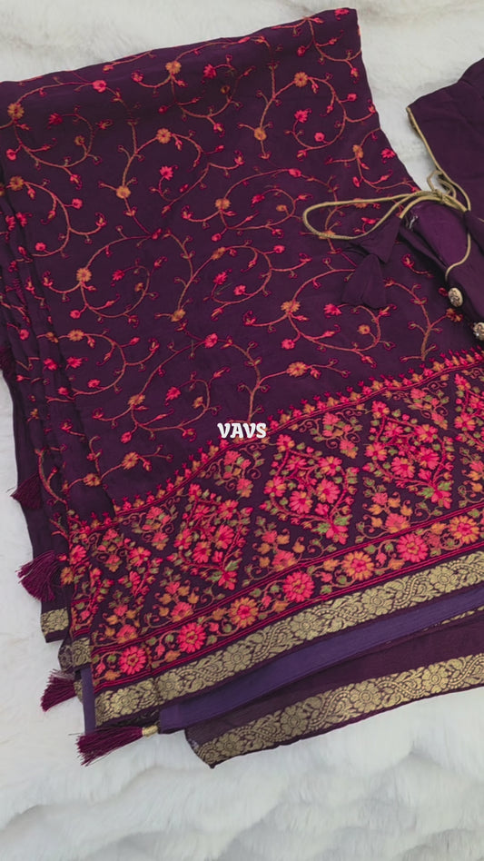 Royal Plum Chinon Crepe Embroidered Saree with Floral Vine Detailing & Mega Puff-Sleeve Stitched Blouse Size 34, Extendable to 40