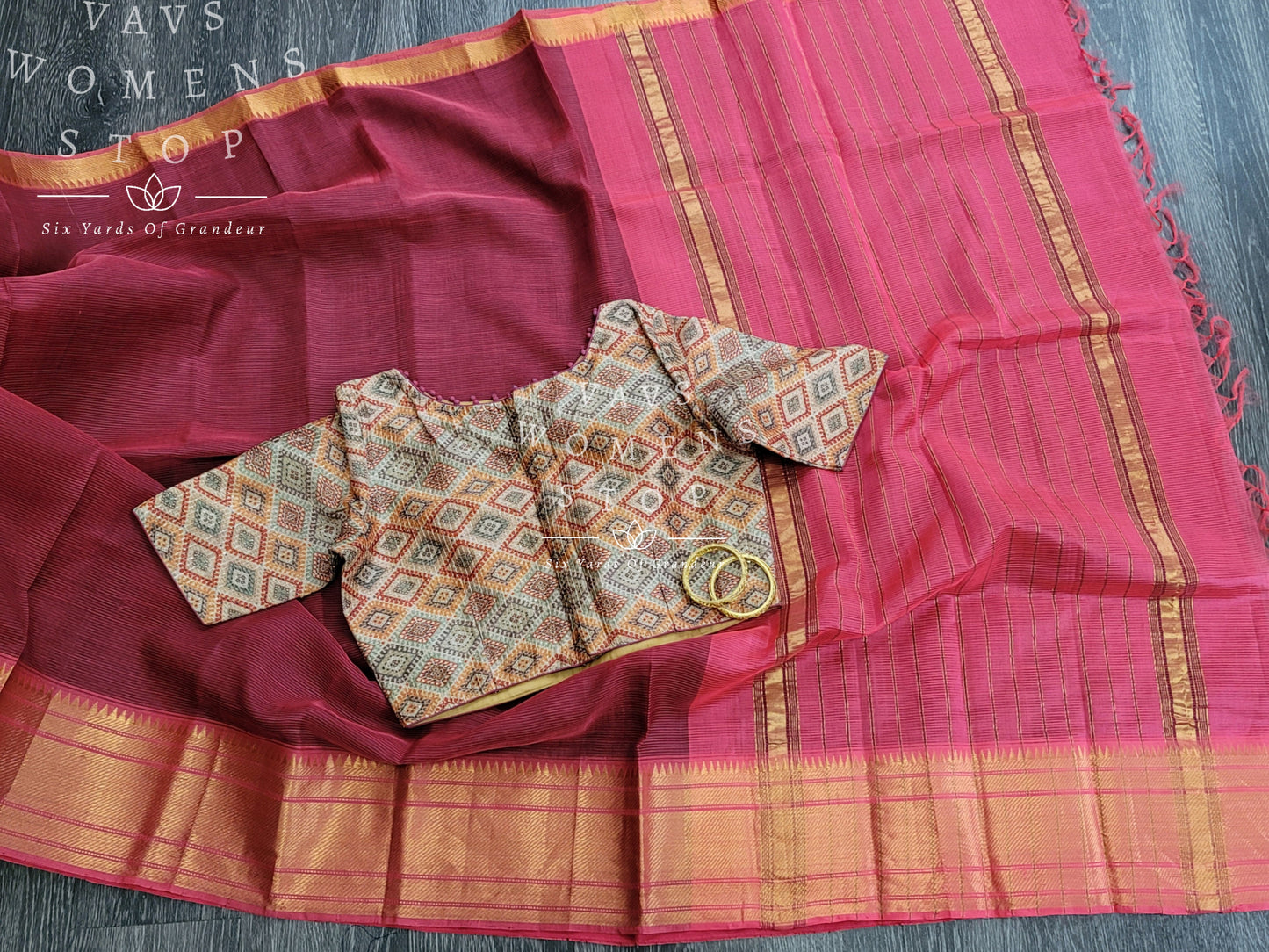 Mangalagiri Pattu Saree with Designer Pochampally Print Blouse