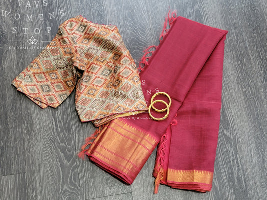 Mangalagiri Pattu Saree with Designer Pochampally Print Blouse