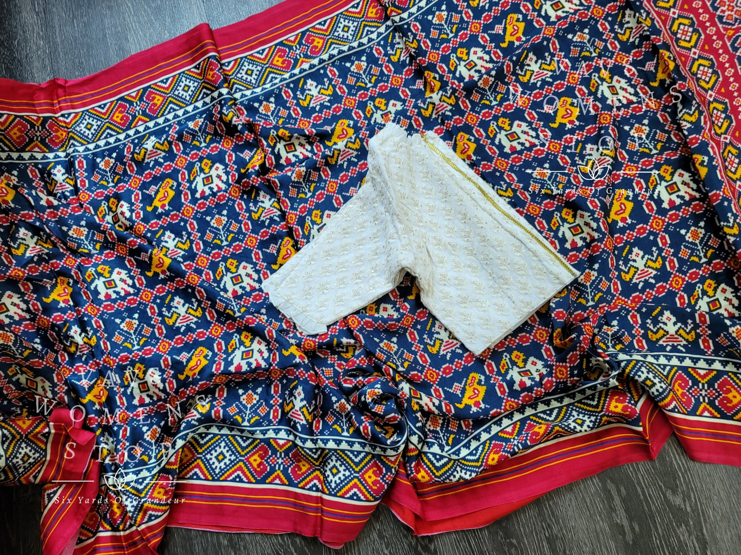 Pure Gaji Silk Patola Prints Saree - Pure Georgette Chikankari Blouse