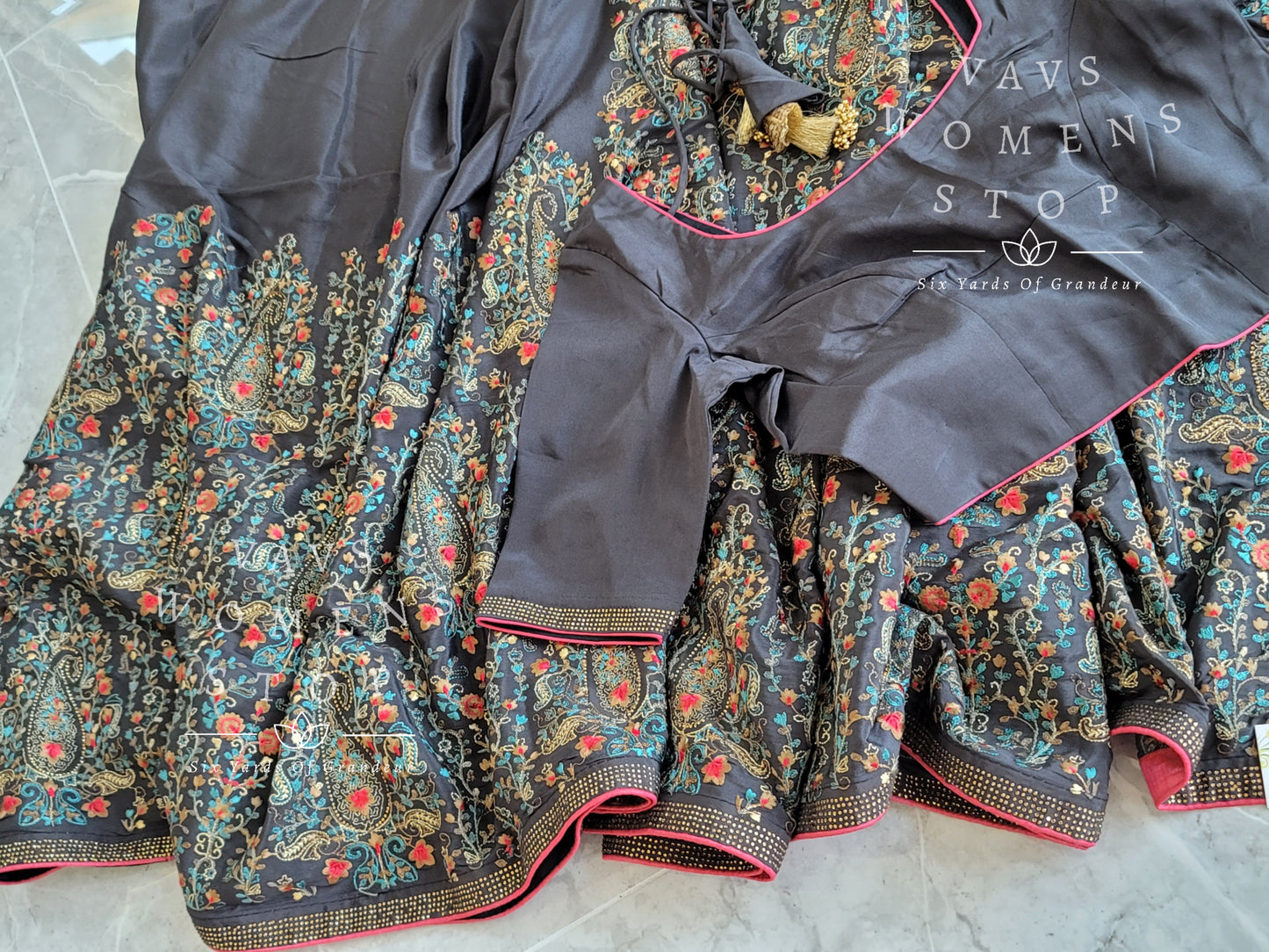 Kashmiri Embroidery Crepe Silk Swarovski Stonework Party Wear Saree - Blouse