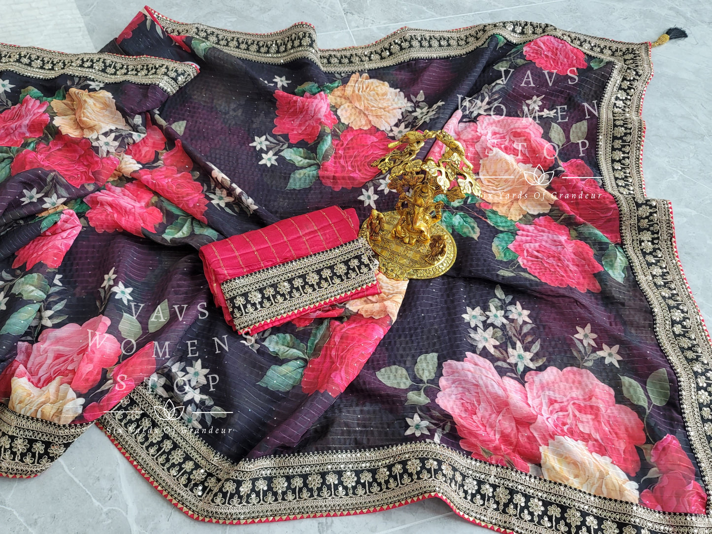 Sabyasachi Inspired Designer Floral Sequins Georgette Saree - Chikankari Blouse