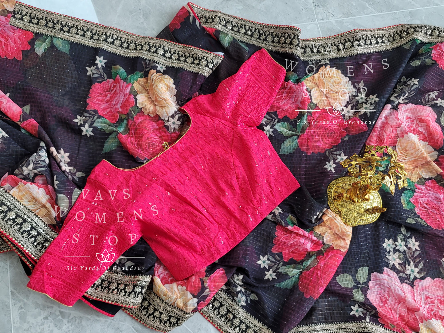 Sabyasachi Inspired Designer Floral Sequins Georgette Saree - Chikankari Blouse