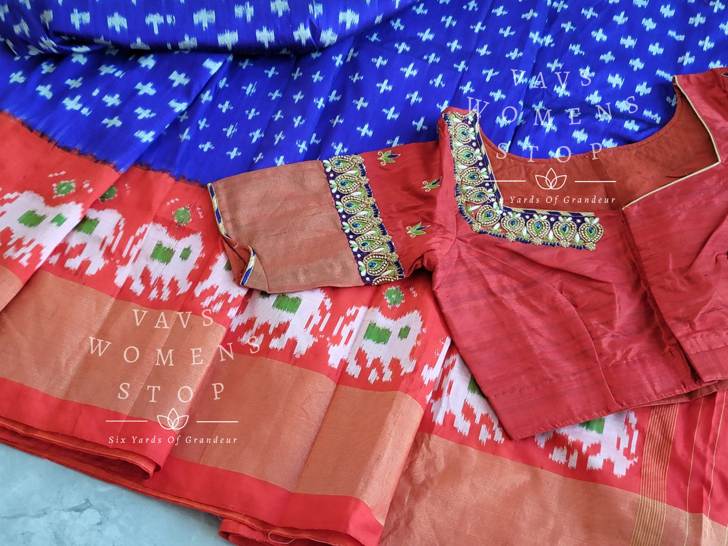 Pure Ikkat Pochampally Saree - Maggam Blouse