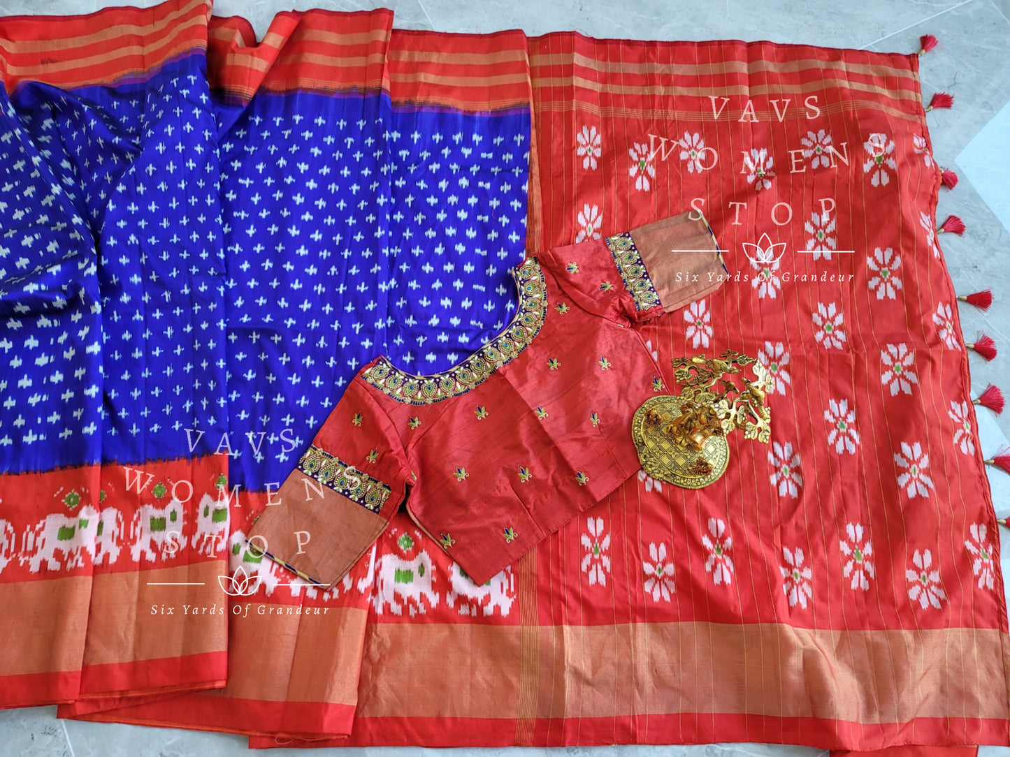 Pure Ikkat Pochampally Saree - Maggam Blouse