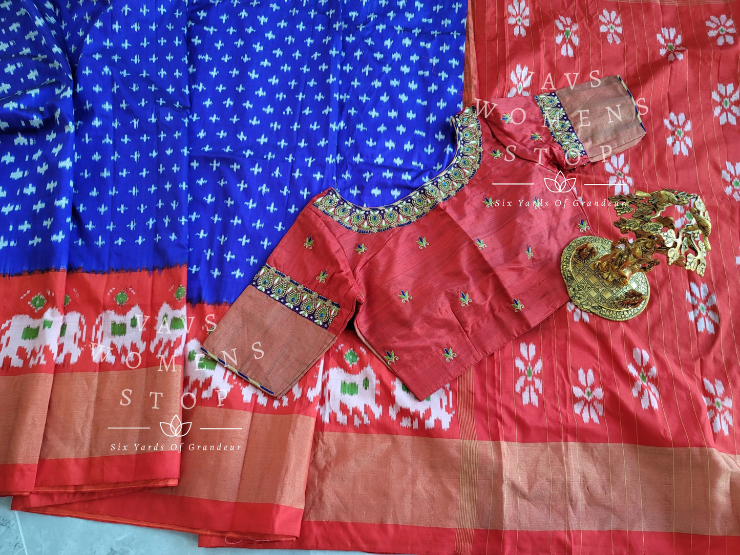 Pure Ikkat Pochampally Saree - Maggam Blouse