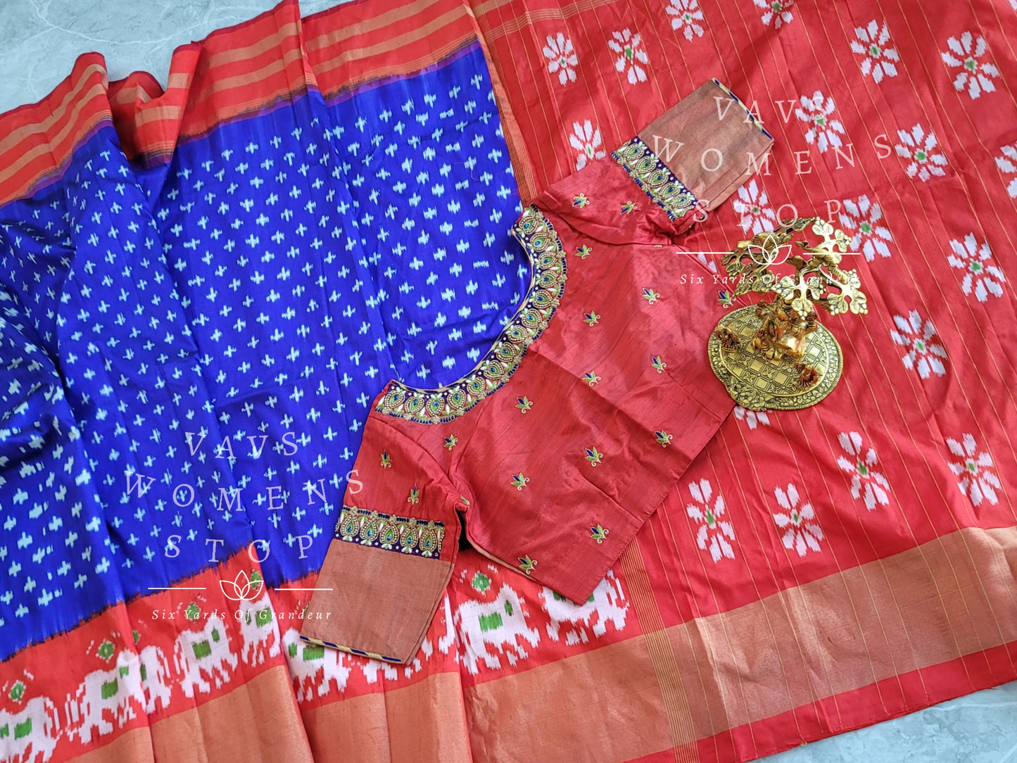 Pure Ikkat Pochampally Saree - Maggam Blouse