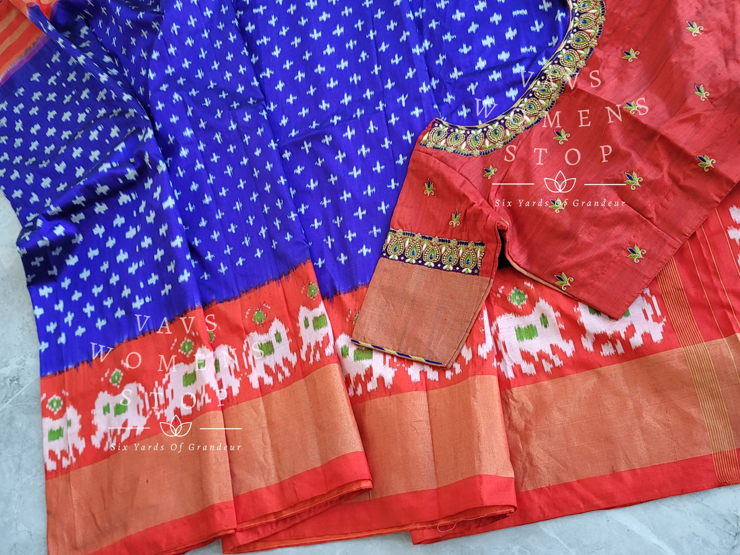 Pure Ikkat Pochampally Saree - Maggam Blouse