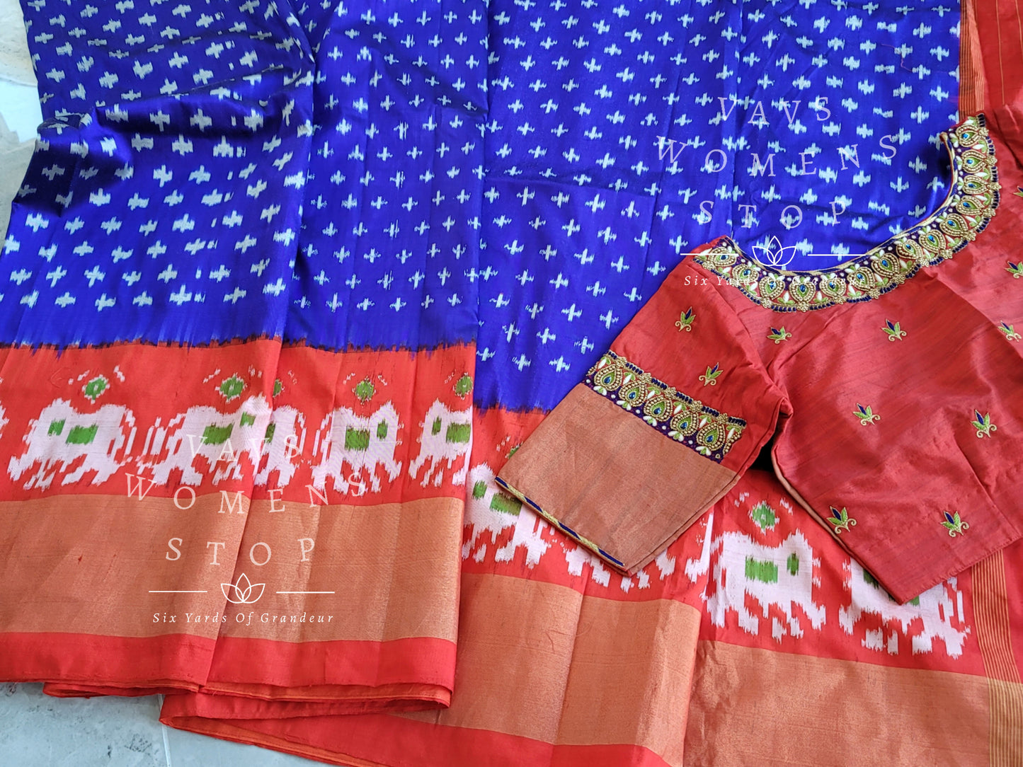 Pure Ikkat Pochampally Saree - Maggam Blouse