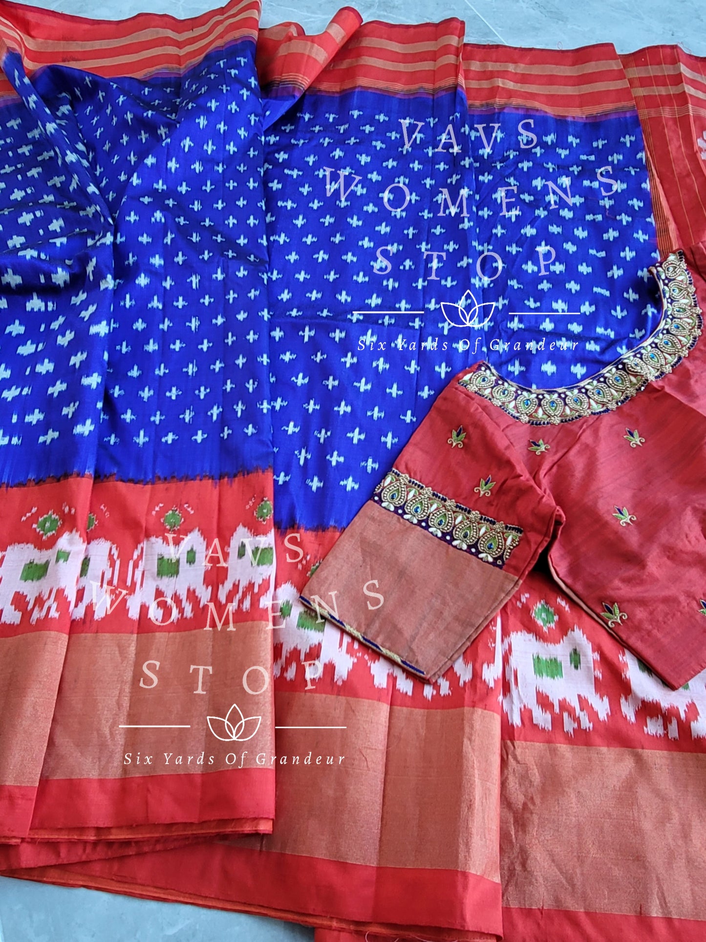 Pure Ikkat Pochampally Saree - Maggam Blouse