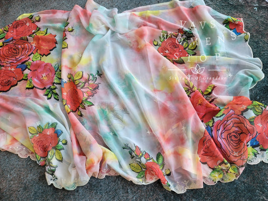 Floral Soft Organza Scalloped Border Saree
