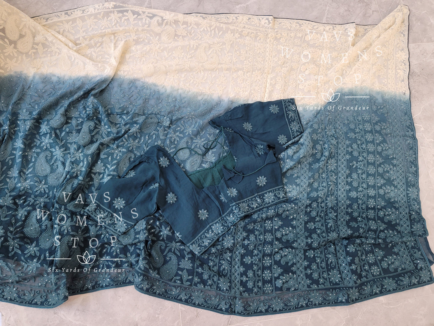 Pure Georgette Machine Embroidery Chikankari Saree - Blouse